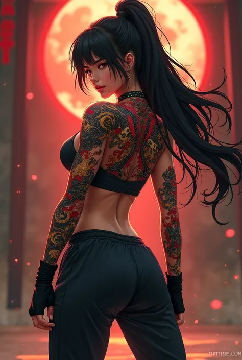 "An athletic woman in anime style, with a strong and defined body, highlighting muscular legs and toned arms. She has an intricate dragon tattoo covering her entire back, with realistic details and vibrant colors (shades of red, black, and gold). Her pose ...