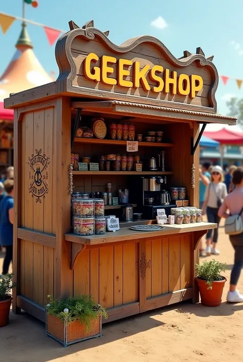 Make a wooden fair stand, Say on the sides "Geekshop" that is divided into two sections. On one side there is a coffee maker and cookies, And on the other hand funko pops and collectible figures 