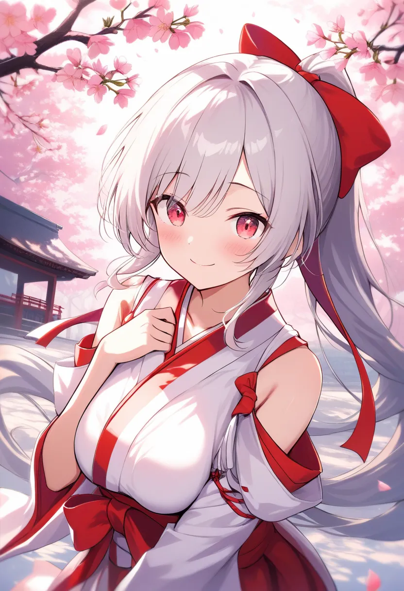 1 girl、 shrine maiden clothes、ruffle socks、low angle、embarrassing、cross race legwear、masterpiece、Highest quality、 Silver Hair、Scarlet Eyes、moderately developed breasts、 Beautiful Flower Garden Scenery、Pretty Girl、ponytail、smile、 (masterpiece), ( Highest qu...