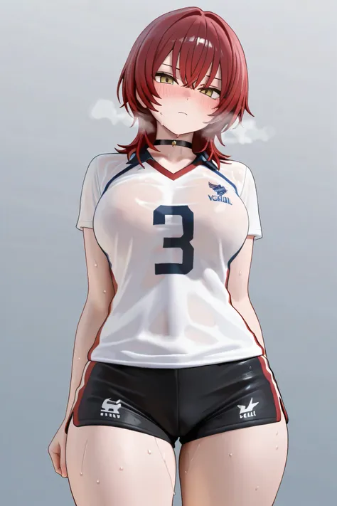 NSFW,masterpiece,Highest quality,High Resolution,very detailed, boyish girl,high school girl, red hair ,medium hair,wolf cut,clavicle,with golden eyes,choker, volleyball shorts, volleyball uniform,blush, rough breath,sweat,clothes are wet