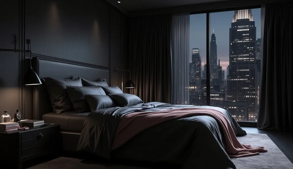 A large dimly lit master bedroom with a king-sized bed dressed in black silk sheets and a plush gray duvet. The bed is positioned against a dark, textured accent wall, and the room is illuminated only by the soft glow of a bedside lamp. A luxury wristwatch...