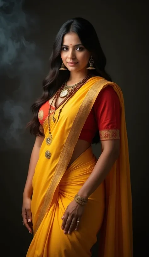 **"A stunning, hyper-realistic HD portrait of a curvy female model with an elegant hourglass figure. She is dressed in a beautifully draped yellow saree and red blouse, showcasing delicate fabric textures and graceful folds. A sacred Rudraksha mala adorns ...