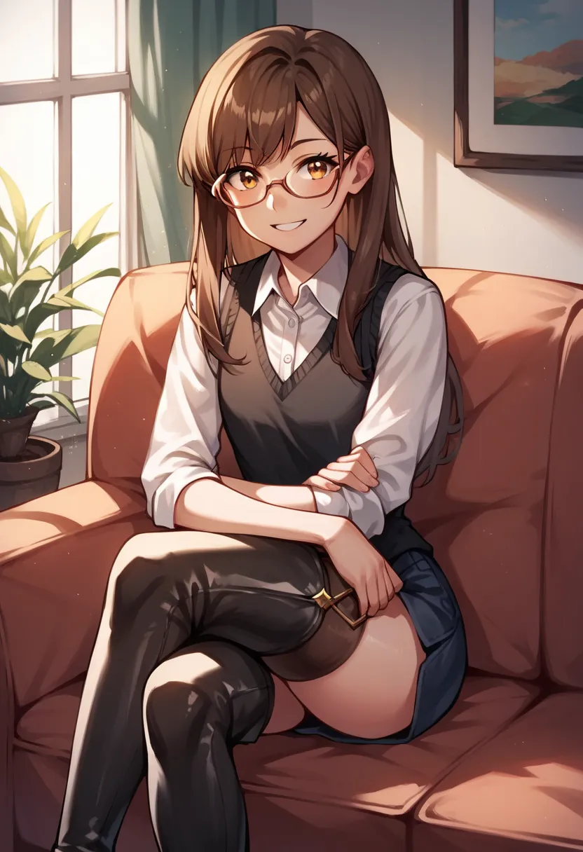 score_9, score_8_up, score_7_up, score_6_up, score_5_up, score_4_up, source_anime, 1girl,lora:amber1-000008:1>, amber5star, upper body, smile, young, brown hair, long hair, brown eyes, glasses, black vest, white shirt, thigh high boots, crossed legs, looki...