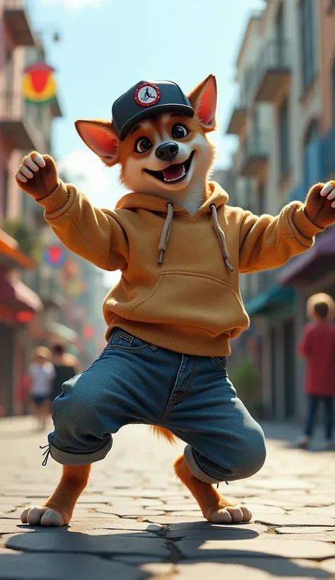 a cool dog wearing baggy jeans, a hoodie, and a snapback cap, breakdancing on the street with big, happy moves. The dog looks super stylish and is having the time of its life!"