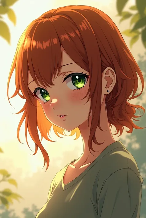 Avatar in anime style, girl, green eyes, russet hair with golden highlights, height 172, a little sad