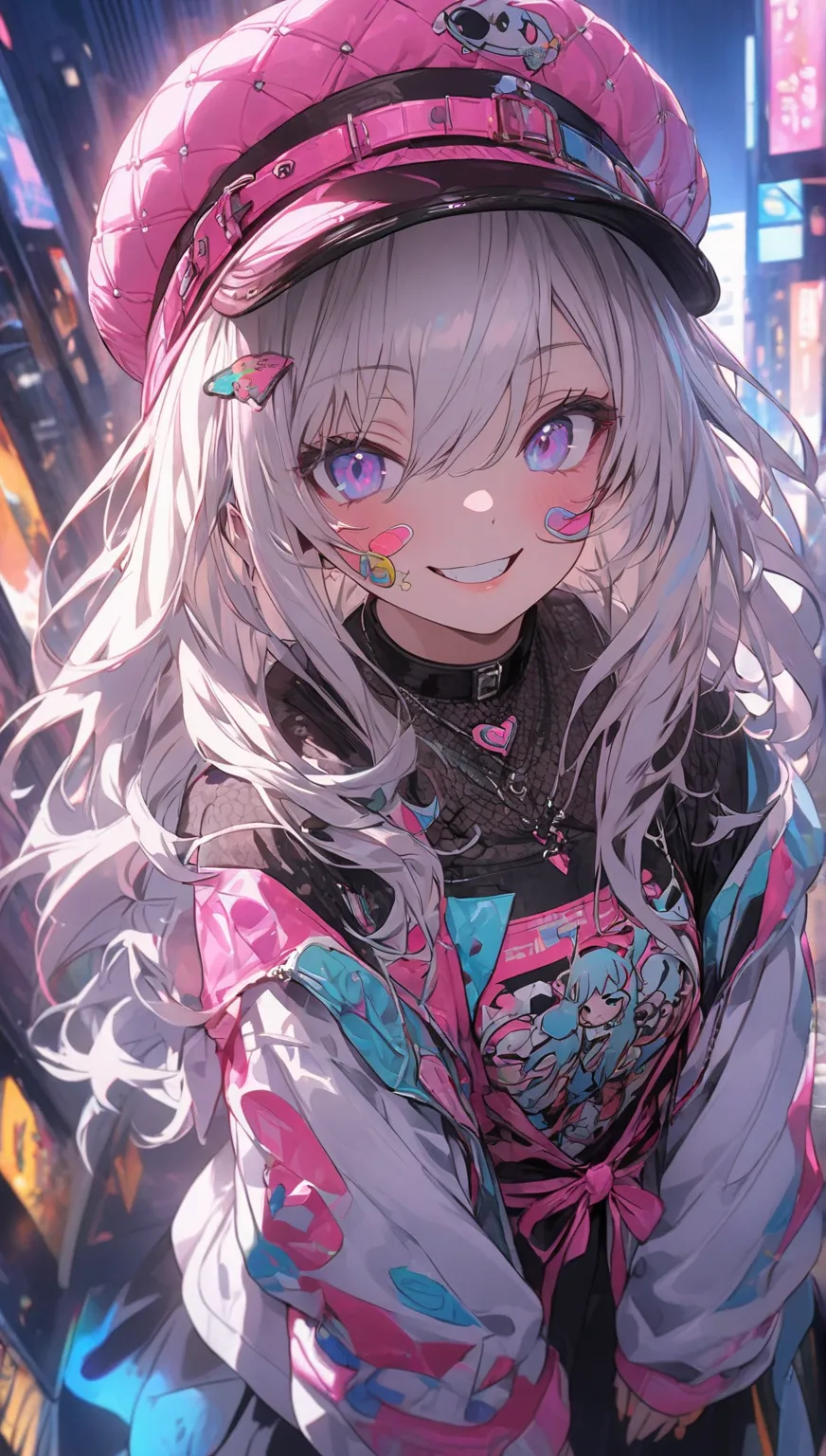 anime girl wearing a hat,  white hair, Neon pink and blue street background , scar,  stickers , smirking icon standing on the podium