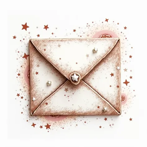 3D, Dessin au crayon, Fond blanc, tons brun, rose pâle et taupe, filaments graphiques et abstraits, haute définition, ajouter au centre a stamped envelope, ornements pearls and stars en parfaite harmonie avec l'ensemble de l'image