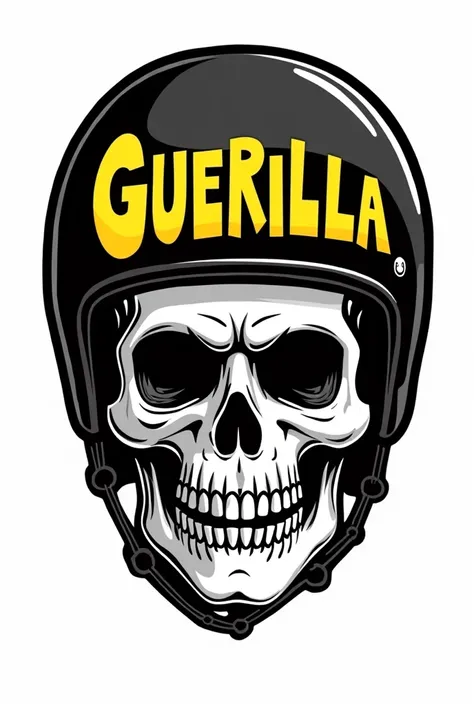 head of skull in color white wearing black skateboard helmet. In skateboard helmet, have word Guerilla Grinds in accurate spell and bright yellow color. Make it black outline, white background and cartoon looks