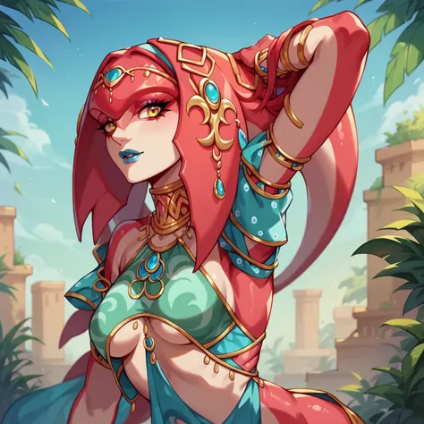 mipha in gerudo outfit, blue lipstick, oasis backround