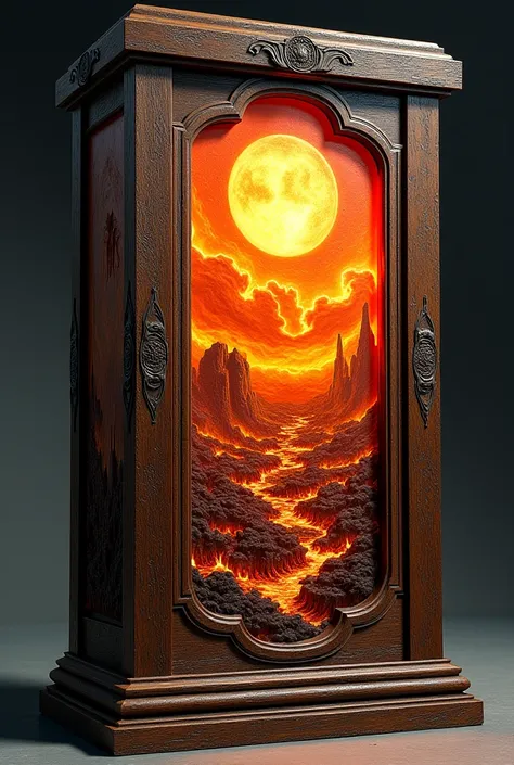 A large wooden reliquary box with a carved image of a burning world on it