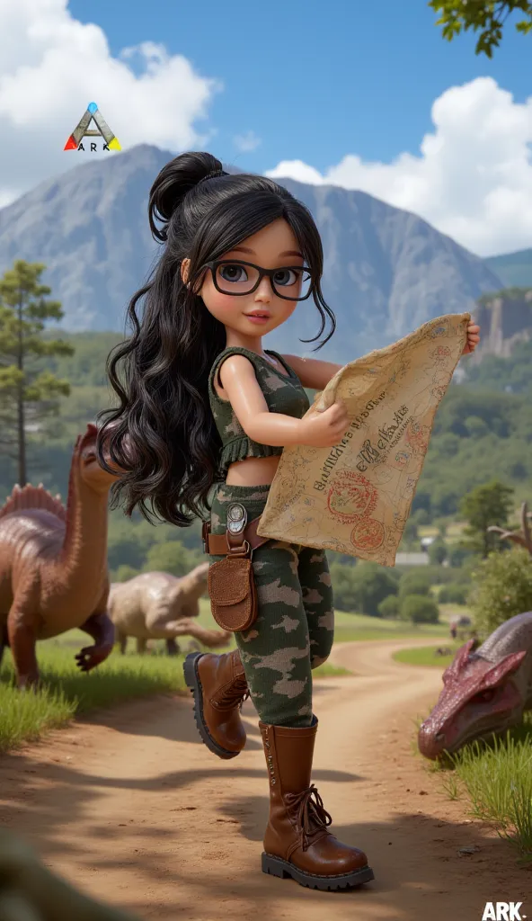  Create image of Ark Survival game theme doll , Background image with different dinosaurs Rio Plantas  , Curly hair tied to long black ,  wearing glasses, black eyes,from, with big ,  Lara Croft style clothes and holding a map with the title Eldorado on th...