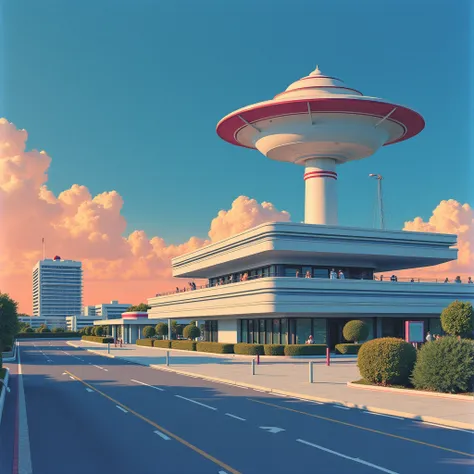 Hirhiroshi nagai painting. Sleep paralysis.  Retro futuristic. Mundane suburban town. Poland. Planets in sky