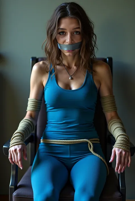 The woman should still have a blue top and blue leggings hands feet with rope mouth glued with gray duct tape, Outfit as in the picture ,  tied in a chair 