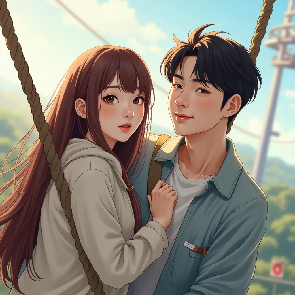 a beautiful korean woman, long haired maroon brown, white-skinned, round-eyed , nasolabial,  lips slightly thick, chubby cheeks,  and a handsome Korean guy , they are wearing ootd full casual clothes as well as flying fox game attributes, they are hanging ...