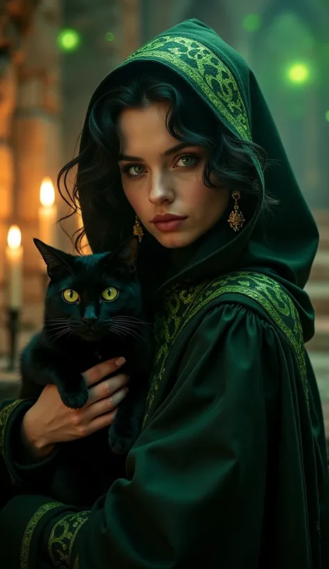 A hyper-realistic, cinematic portrait of a powerful witch with deep, curly black hair, holding a sleek black cat in her arms. Her piercing green eyes, identical to the cat's, glow with an otherworldly intensity, exuding wisdom and mystery. She wears a dark...