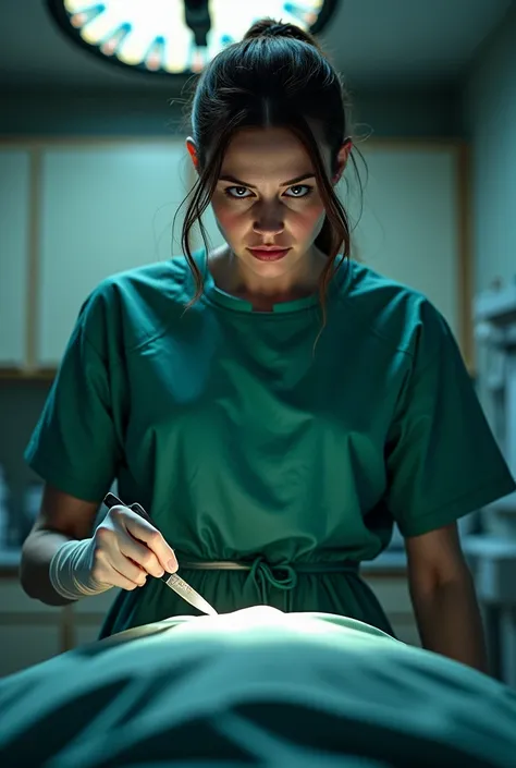 A sadistic surgeon with a knife in her hand pointing at a gynecological stretcher 