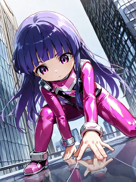   chibi, 1 girl, Alone, rika furude, long hair, bangs, blue hair, purple eyes, blunt bangs, purple hair,Pink Ranger
 BREAK
female hero, Landing,  Sense of Speed , putting one hand on the ground, Sparkling suit,  Flowing Movement ,  low angle, ( Skyscraper ...