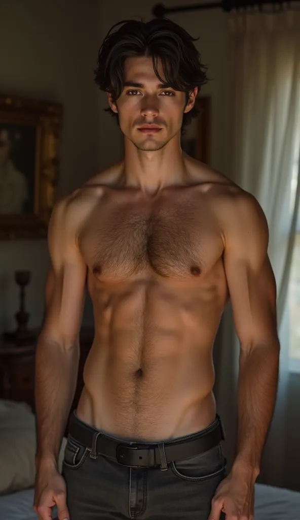 A 20-year-old young man cute and handsome with black hair and black eyes, standing in a bedroom wearing only underwear. His chest is naturally hairy, with hair extending down to his navel