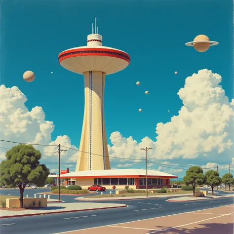 Hirhiroshi nagai painting. Sleep paralysis.  Retro futuristic. Mundane suburban town. Hamtramck Michigan. Planets in sky