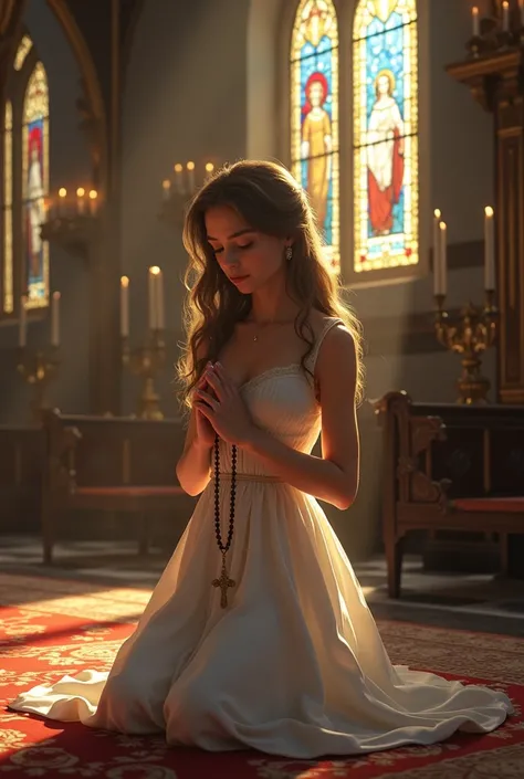 Elsa kneeling in church praying a rosary 