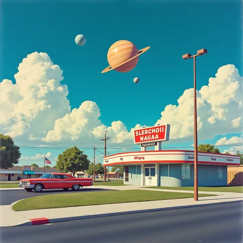 Hirhiroshi nagai painting. Sleep paralysis.  Retro futuristic. Mundane suburban town. Hamtramck Michigan. Planets in sky