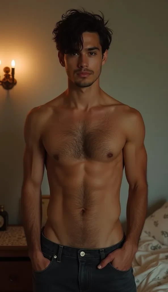 A 20-year-old young man cute and handsome with black hair and black eyes, standing in a bedroom wearing only underwear. His chest is naturally hairy, with hair extending down to his navel