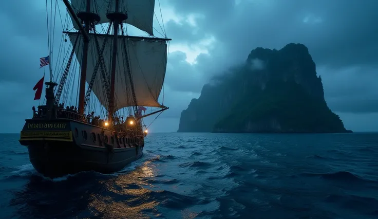 "A highly detailed, cinematic scene of an 18th-century wooden pirate ship sailing through the vast, mist-covered ocean toward a mysterious, uncharted island. The ship's massive sails billow in the wind, and its hull creaks as it cuts through the dark, rest...