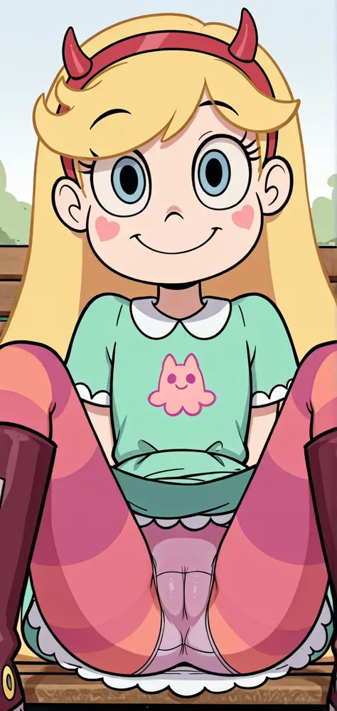 starbutterfly, 1girl, blonde hair, horned headwear, hairband, long hair, solo, heart, blue eyes, facial mark, very long hair,teal dress,striped pantyhose,boots,   , blush stickers,looking at viewer, smile, sitting on a bench , upskirt close view, upskirt c...