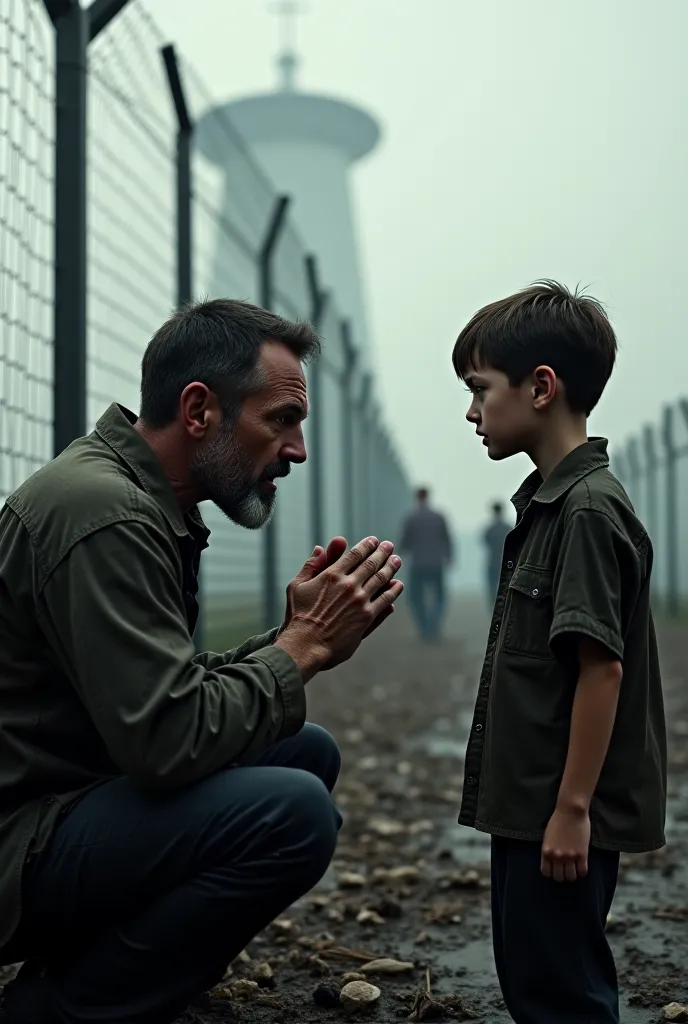 a father praying to god and the son looking at him angrily as they are in a concetration camp with a fence around them 