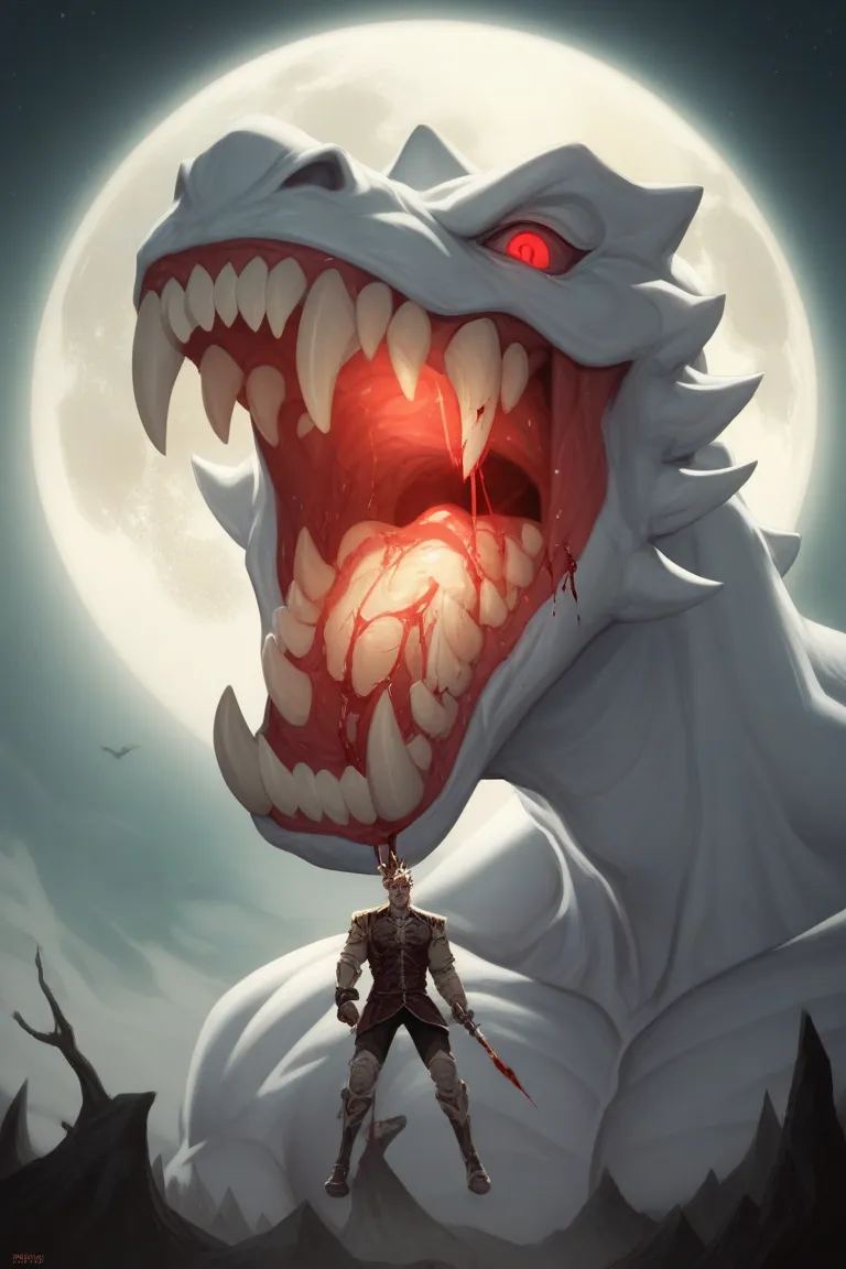 Giant monster, sharp teeth, extra red eyes, gray skin, holding the moon