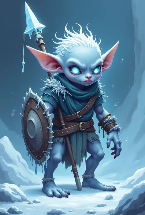 Details pixel style, Frost Goblins with pale, almost translucent skin covered in a thin layer of frost, giving them an unsettling, ghostly appearance. Their eyes glow with an otherworldly blue light, casting an eerie aura that seems to freeze the air aroun...