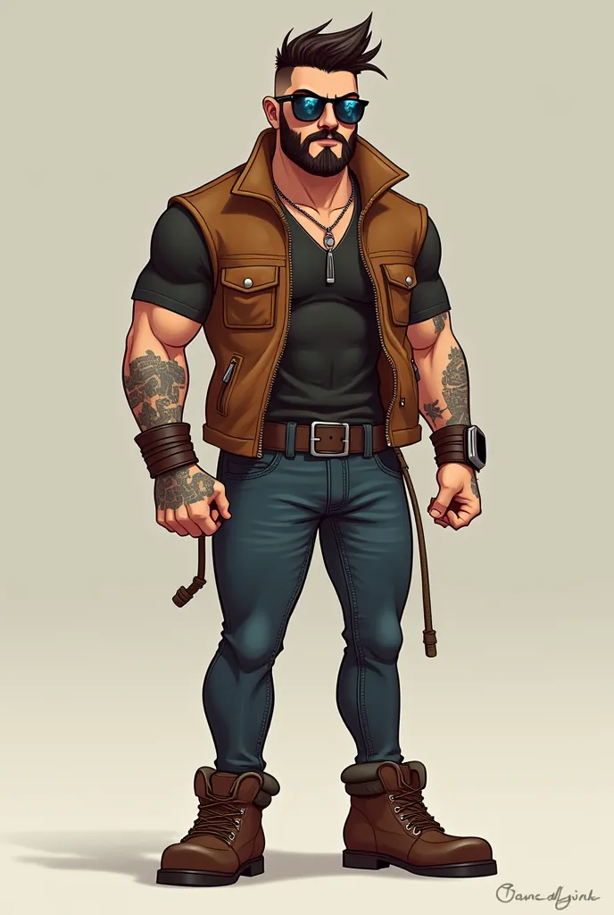 White Bratz style man, full-length, with dark brown eyes and dark brown hair, short neck, large build, brown boots and photochromic glasses, short beard and mustache