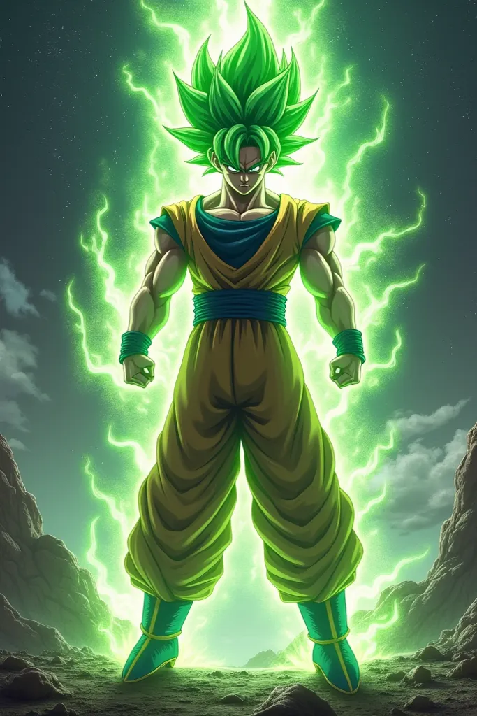 Goku super Sayayín phase 8 with green hair and a lot of hair