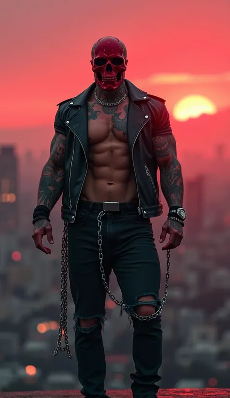 Tattooed giants with a blood-red skull mask and cybernetic arm tattoos stands atop a rooftop at sunset, city skyline bathed in crimson hues. Open biker jackets reveals shredded abs, wind whipping through chains on his jeans. Dynamic pose, dystopian metropo...