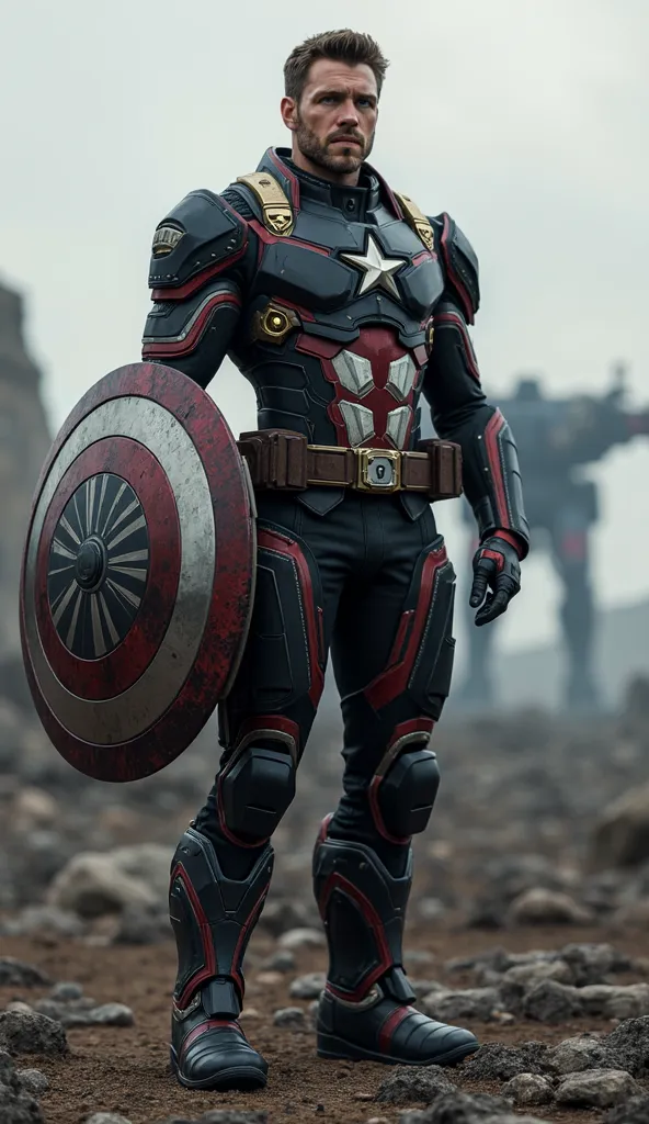 A hyper-realistic full body view, version of Captain America, inspired by German engineering and military precision. His armor is black, red, and gold, angular and reinforced, resembling a high-tech exo-suit. The iron cross is subtly embedded on his should...