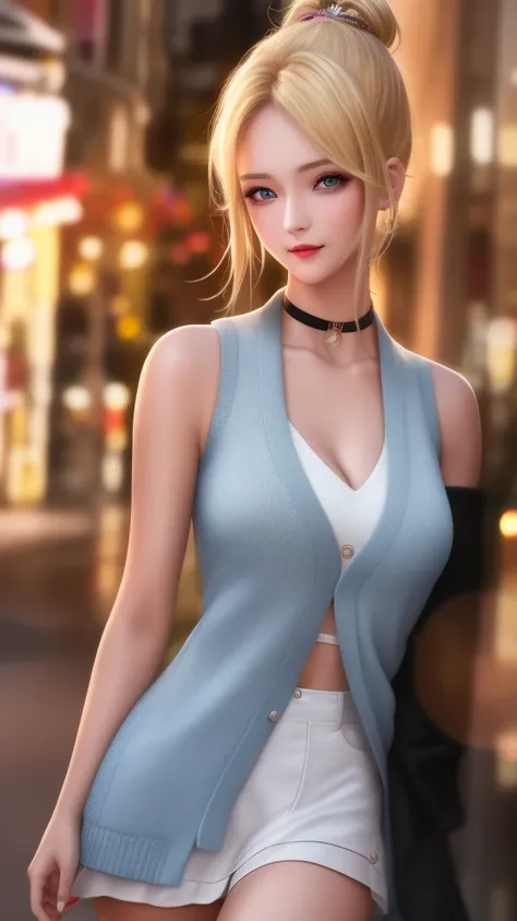 Best quality, masterpiece, high resolution, 1girl, porcelain cardigan vest, hair accessories, choker, Bun head, blonde hair, on the body, Tyndall effect, realistic, dark studio, edge lighting, two-tone lighting, (high detail skin: 1.2), 8k UHD, dslr, soft ...