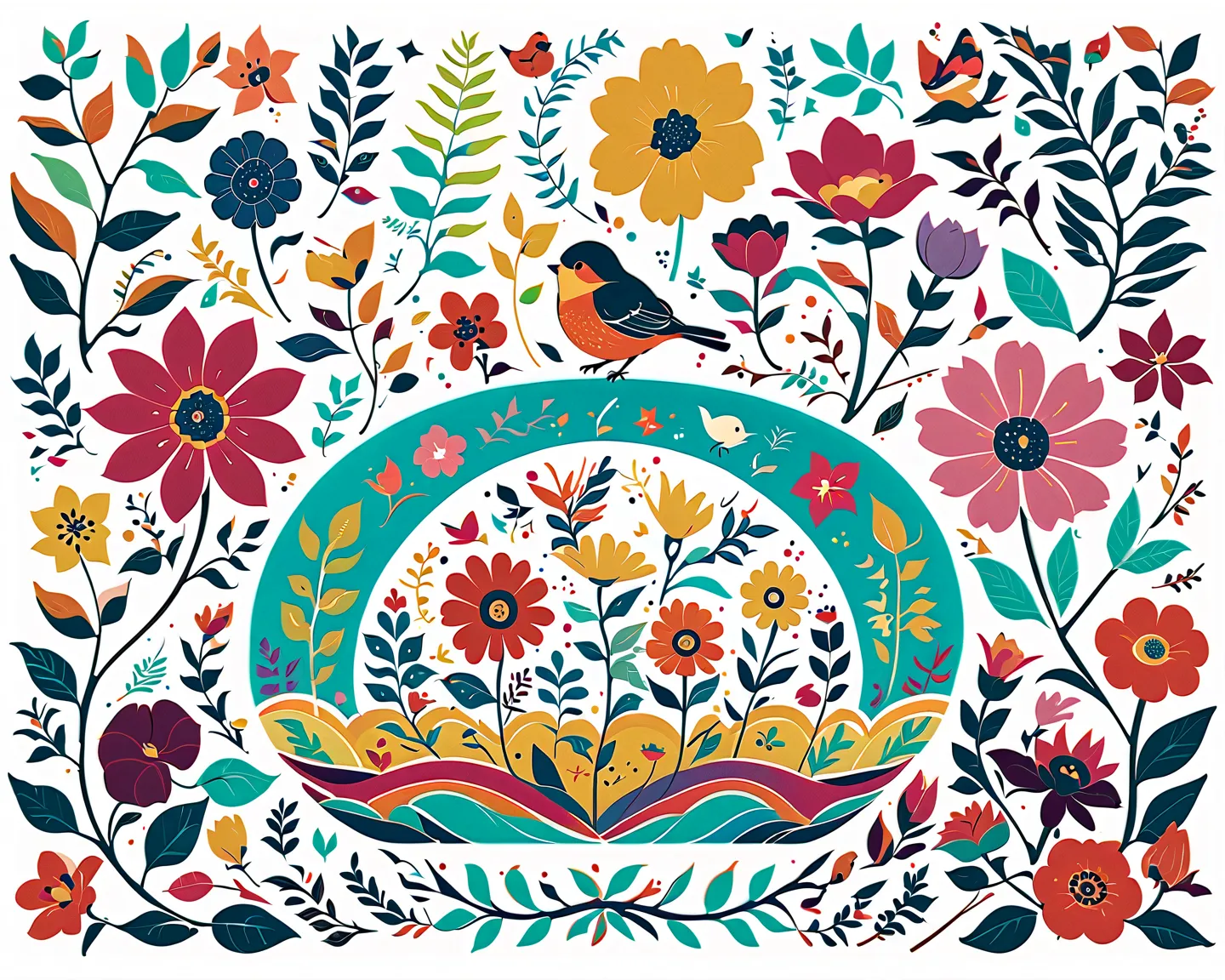 Slight vintage color,planar,,RISO print style,illustration,adolable,Leave white space,low-saturation,Lots of flowers，Individually arranged，leafs，branches，Printing， a sticker，Random distribution，Lovely drawing style， Color guide，Graphic design，Carpet patter...