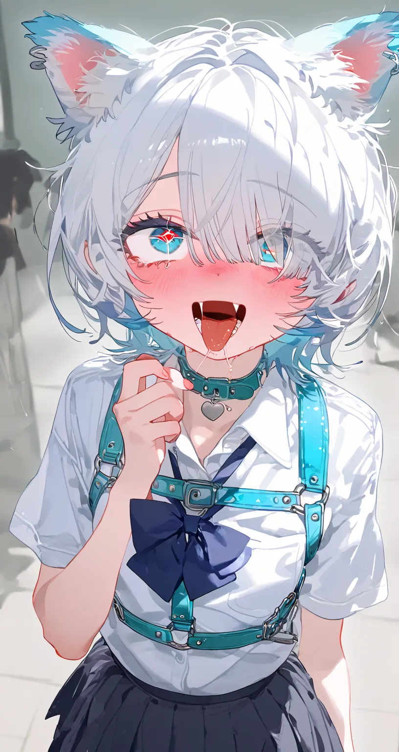 (flat chest:1.0), slim body,  blushed、 blush、thick eyes, White Hair, long hair, hair over one eye, messy hair, harness, choke,  Medium Hair, ((school uniform))ahegao,  wolf ears, 