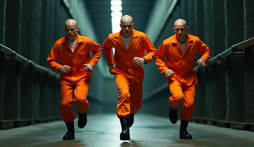 hyperrealistic fullbody photo of three very different young bald inmates in bright orange prisonjumpsuits escaping an modern high security prison by running in different poses, very different unshaved goodlooking faces aged around 18 years, all in black mi...