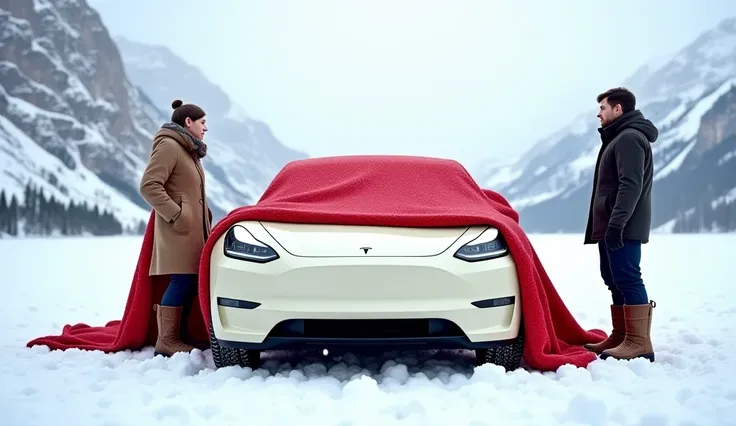 "A full HD, ultra-realistic front view of a cream-colored Tesla Model Y hypercar parked in a snow-covered landscape. The car is partially covered with a red cloth draped over its top, hinting at a grand unveiling. The headlights are off, and the sleek, aer...