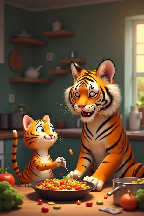 Make a video of cat who making food for tiger with sounds 