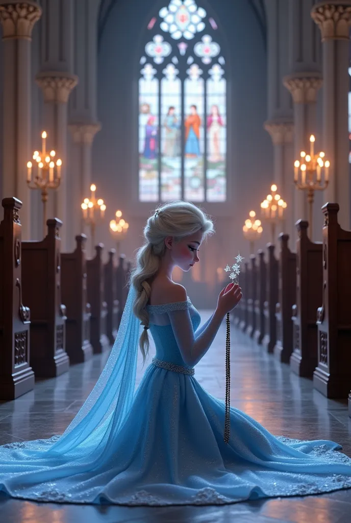 Elsa de Frozzen kneeling in church praying a rosary