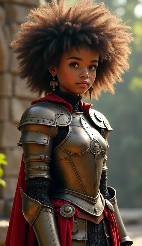 A mixed race petite female with big brown curly afro dressed in full high quality feminine armour, medieval style, archaic, cinematic, atmospheric, Nvidia ray tracing, whimsical, Dutch Angle, Multiple Views, sketch 