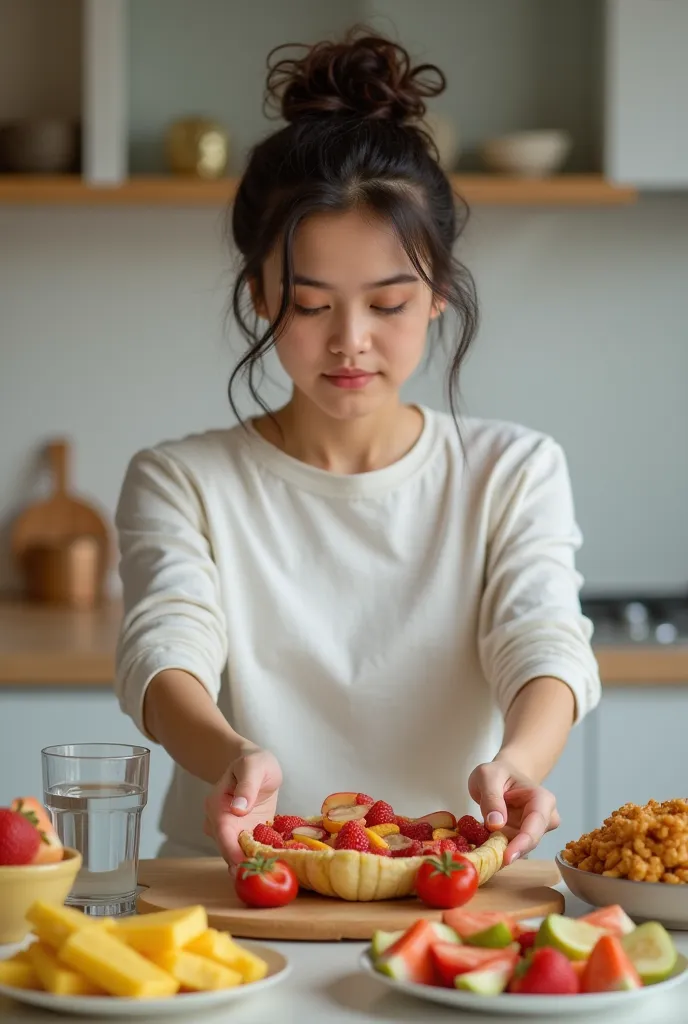 The person pushes away junk food, picks up fresh fruits, water, and a home-cooked meal.  