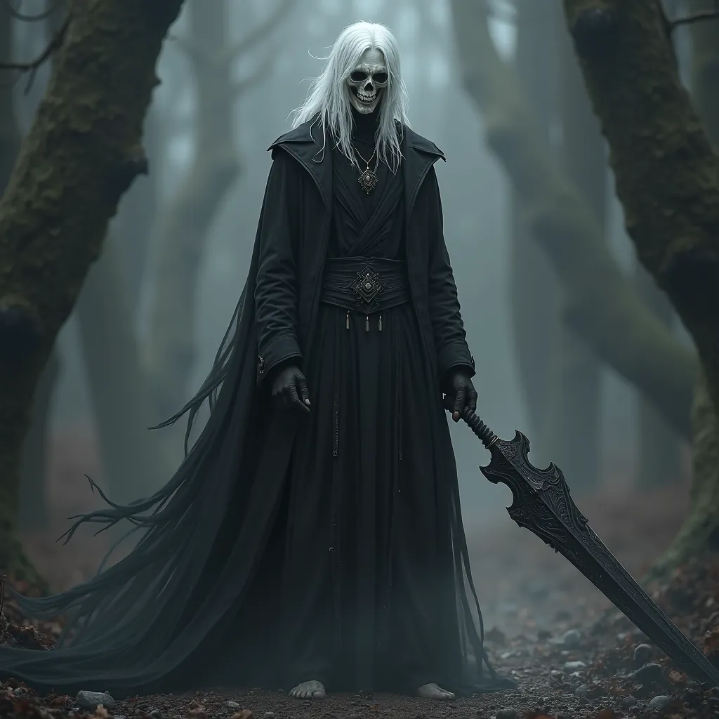 Create antihero character white hair half skull black clothes barefoot black dragon sword 