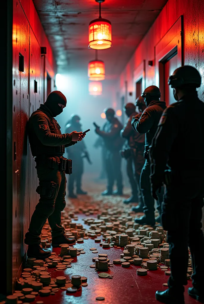 A high-stakes casino heist gone wrong: A dimly lit underground casino vault bursting with stacks of cash and high-value casino chips, alarms flashing red, and security doors slamming shut. In the foreground, a shocked masked thief in tactical gear drops a ...