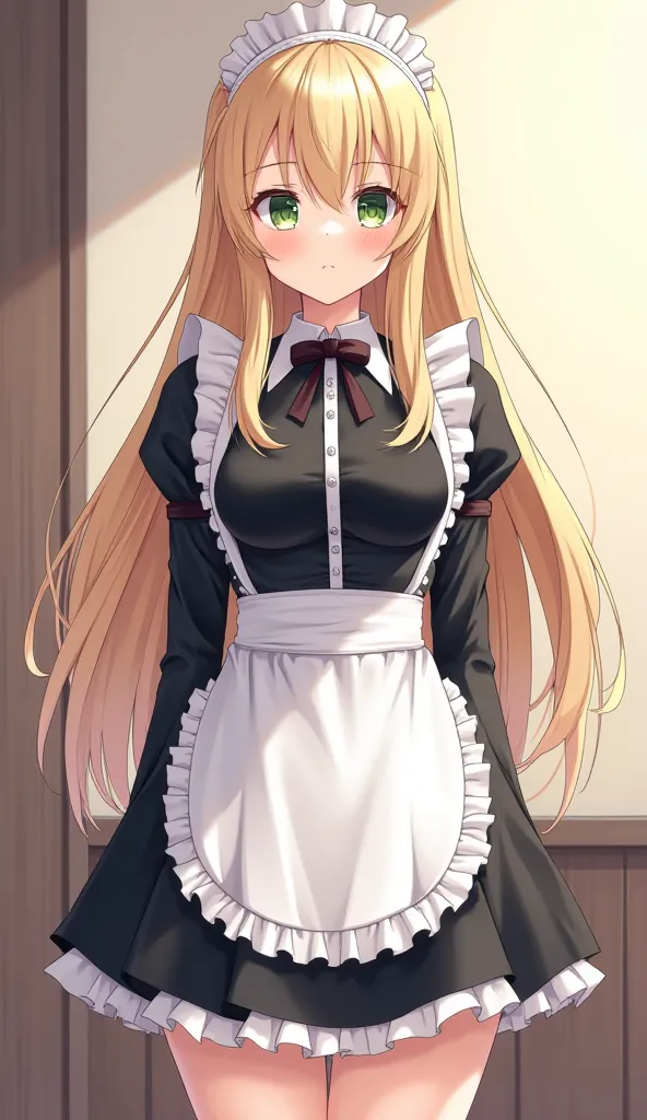 1 girl [appearance= “Blonde Hair”,  “green eyes” ,  “Height = 185cm” , "coquette"] [Clothes= “Maid's Suit”] (Full Body Plane) 4K anime illustration,  Precise,  super detailed ,  tall details , high resolution, High quality, high definition, Chiaroscuro, th...