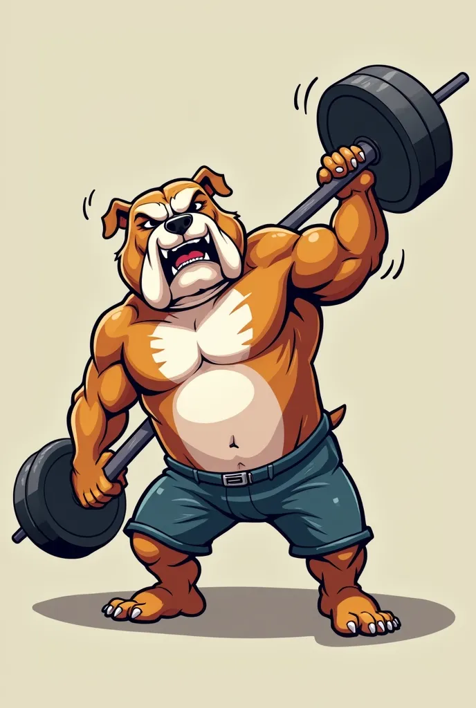 Bulldog dog lifting weights with one hand a lot of muscle cartoon