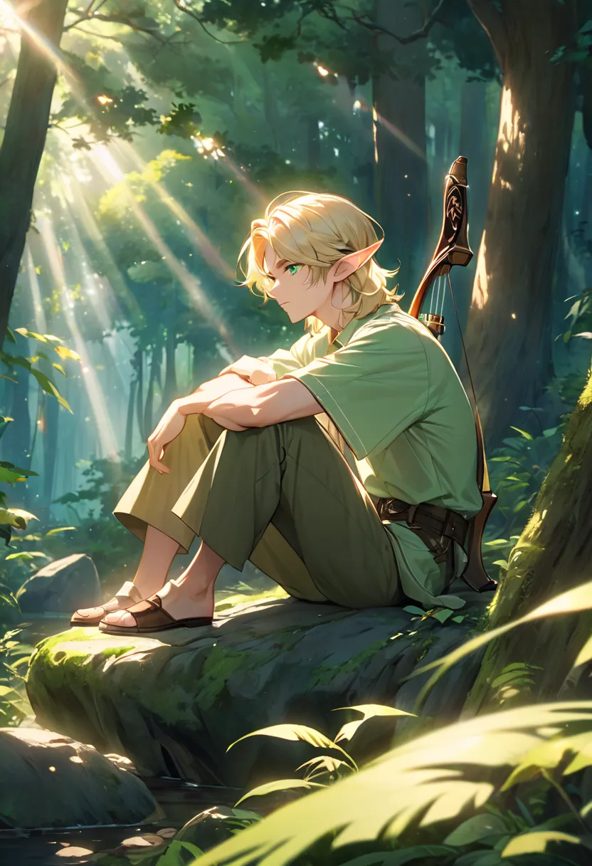 young man, Age 26 years,  molding, body, Light blonde hair, Emerald green eyes, Elf ear, Sitting on a rock in the forest , Holding a bow , Wearing a retro shirt