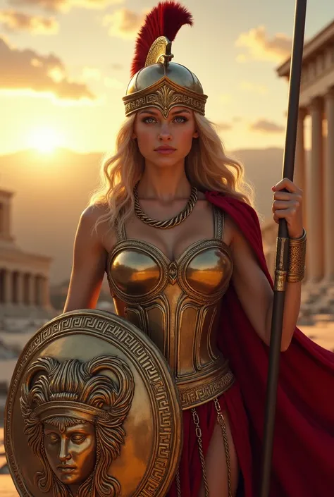 "An impressive Greek warrior representing the goddess Athena in an ultra realistic style. She is a stunning 24-year-old girl, with long wavy blond hair that falls over her shoulders, framing her perfect face . Her intense blue eyes radiate wisdom and power...